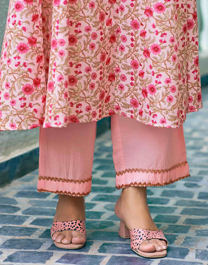 Light Pink Printed Rayon A-Line Kurta With Pant And Dupatta