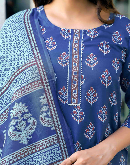 Blue Printed Rayon Straight Kurta With Pant And Dupatta