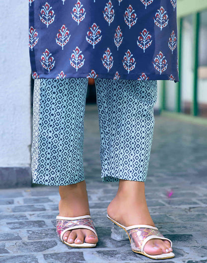 Blue Printed Rayon Straight Kurta With Pant And Dupatta