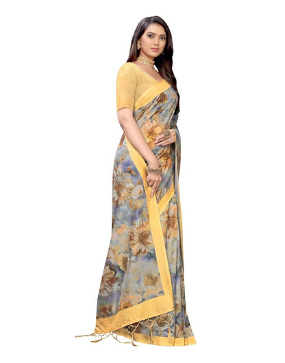 Yellow Printed Silk Saree