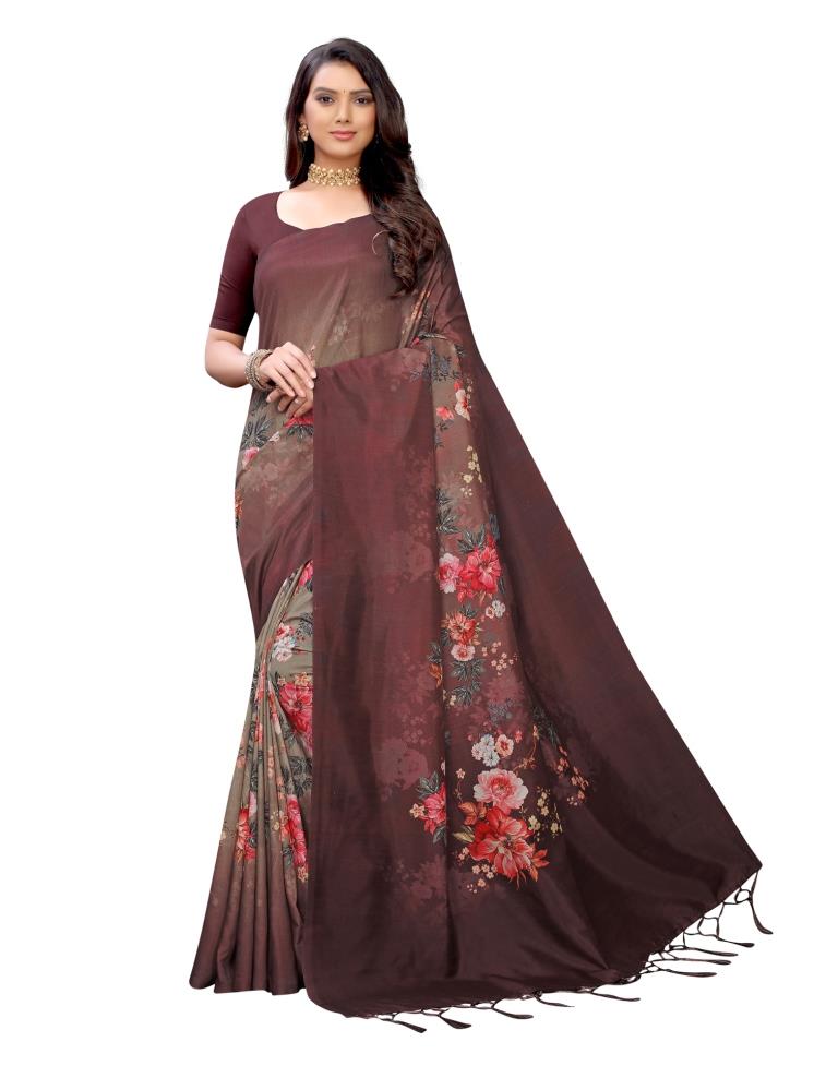 Brown Printed Silk Saree
