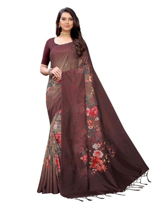 Brown Printed Silk Saree