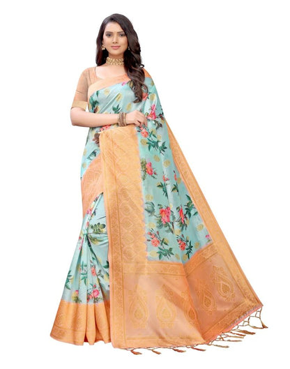 Sky Blue Coloured Poly Silk Digital Printed Jacquard Partywear saree | Leemboodi