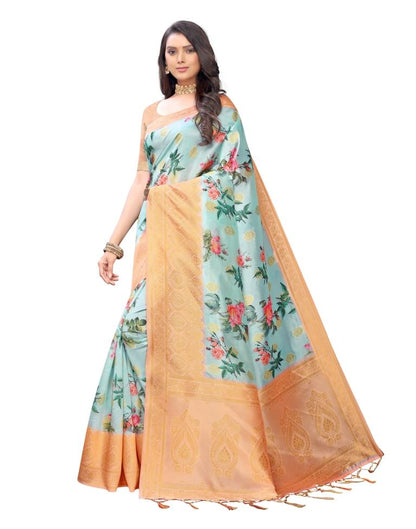 Sky Blue Coloured Poly Silk Digital Printed Jacquard Partywear saree | Leemboodi