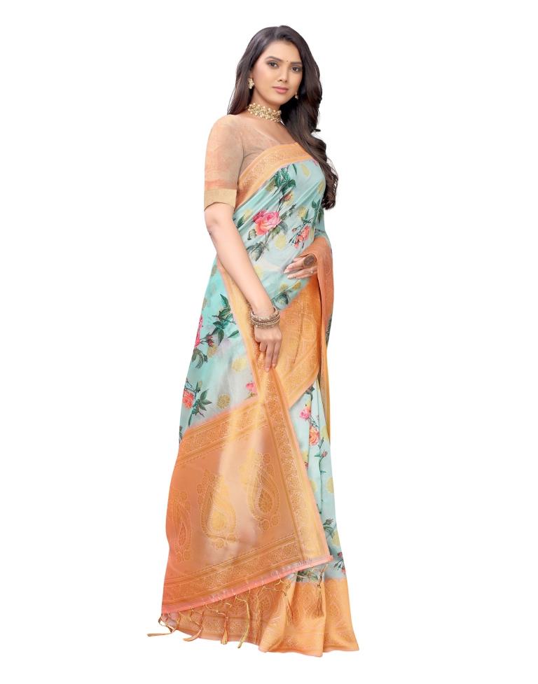 Sky Blue Coloured Poly Silk Digital Printed Jacquard Partywear saree | Leemboodi