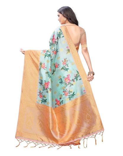 Sky Blue Coloured Poly Silk Digital Printed Jacquard Partywear saree | Leemboodi