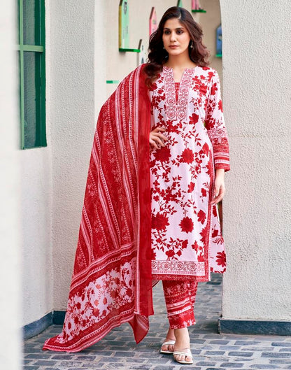 Red Cotton Printed Straight Kurta Set