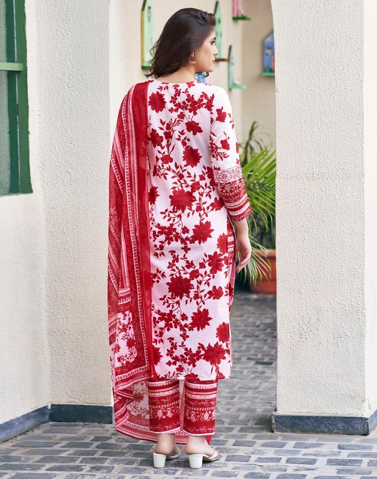 Red Cotton Printed Straight Kurta Set