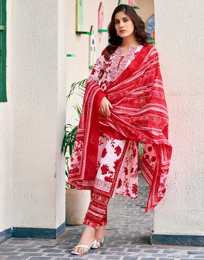 Red Cotton Printed Straight Kurta Set