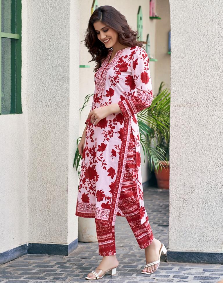 Red Cotton Printed Straight Kurta Set