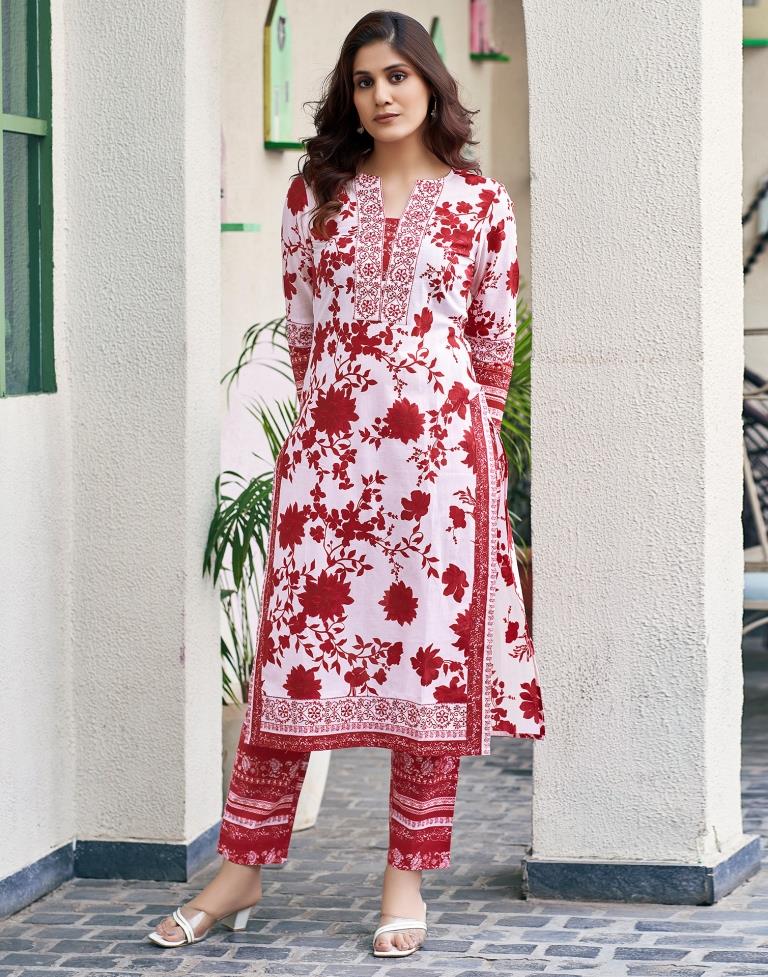 Red Cotton Printed Straight Kurta Set