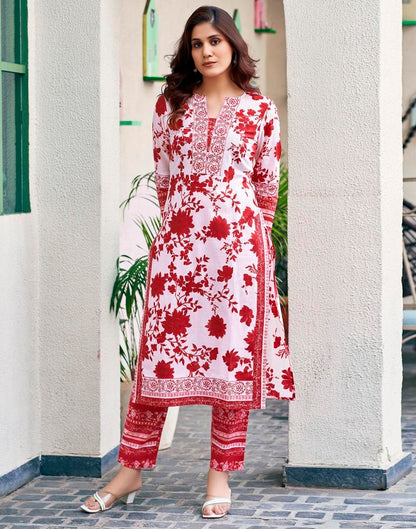 Red Cotton Printed Straight Kurta Set