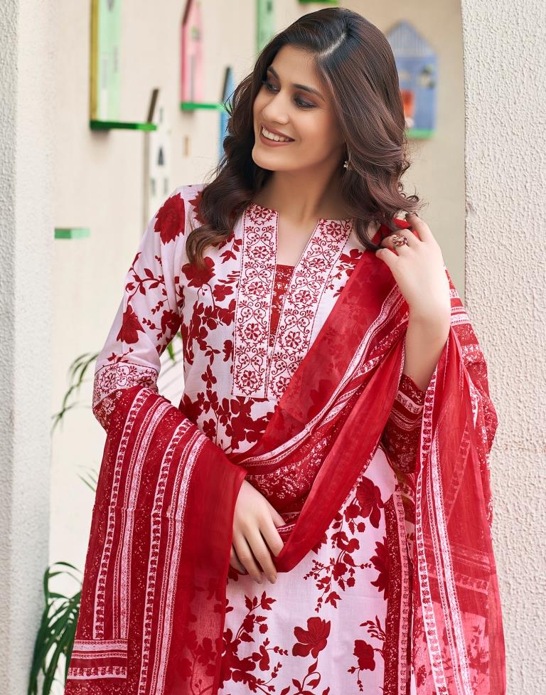 Red Cotton Printed Straight Kurta Set