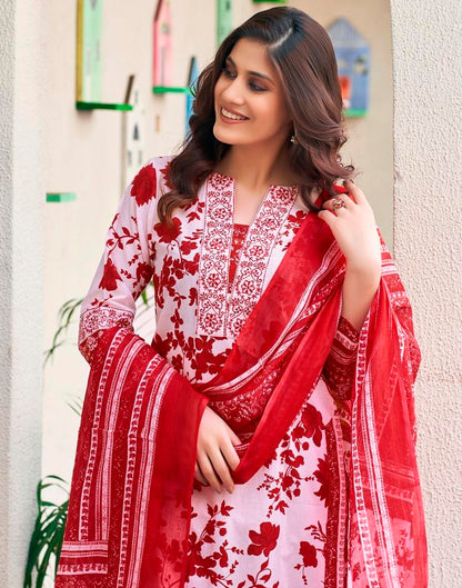 Red Cotton Printed Straight Kurta Set