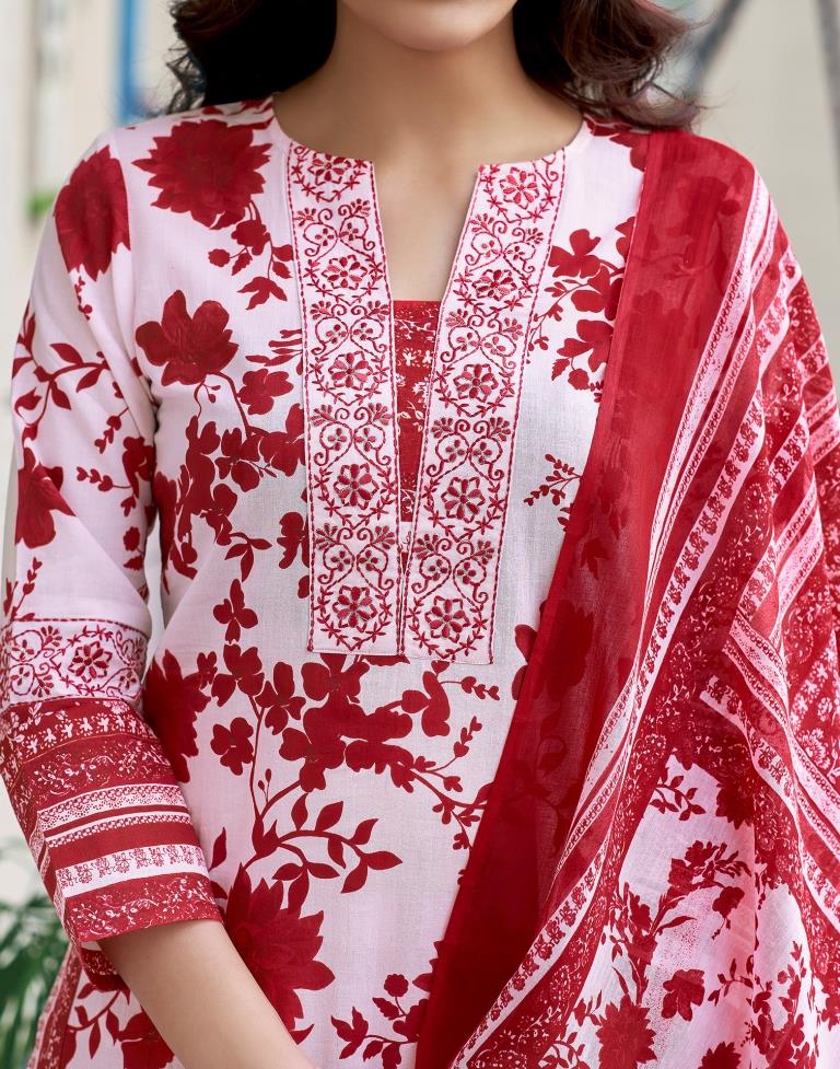 Red Cotton Printed Straight Kurta Set