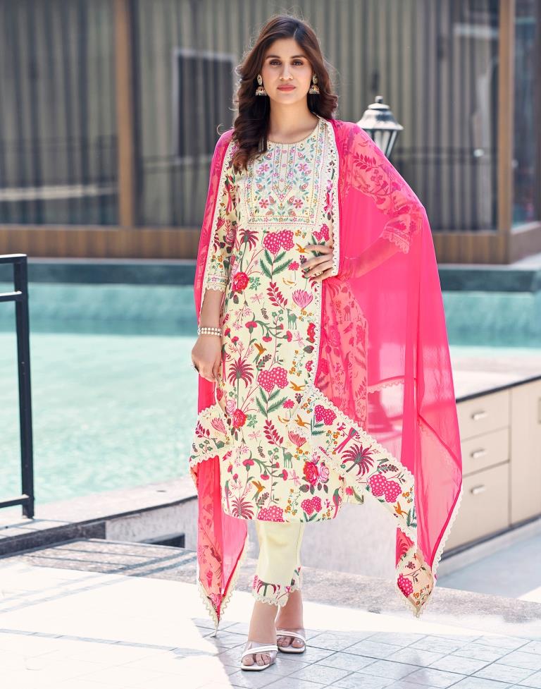 Pink Cotton Printed Straight Kurta Set