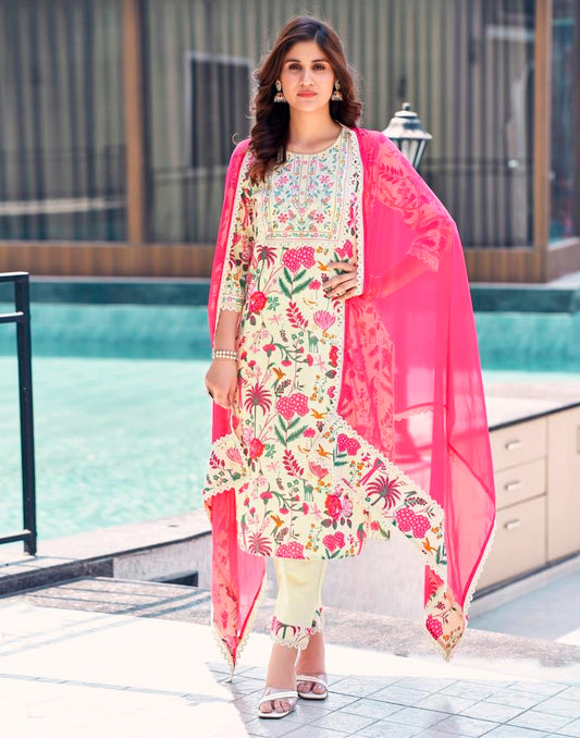 Pink Cotton Printed Straight Kurta Set