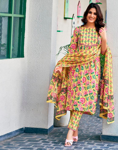 Yellow Cotton Printed A-Line Kurta Set