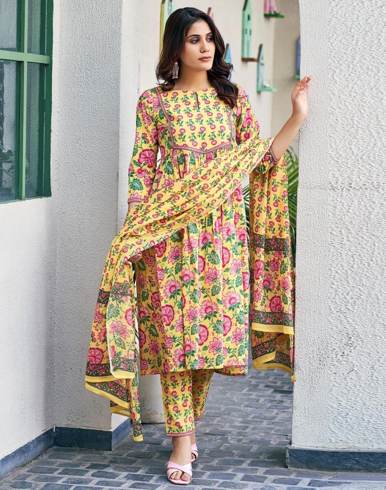 Yellow Cotton Printed A-Line Kurta Set