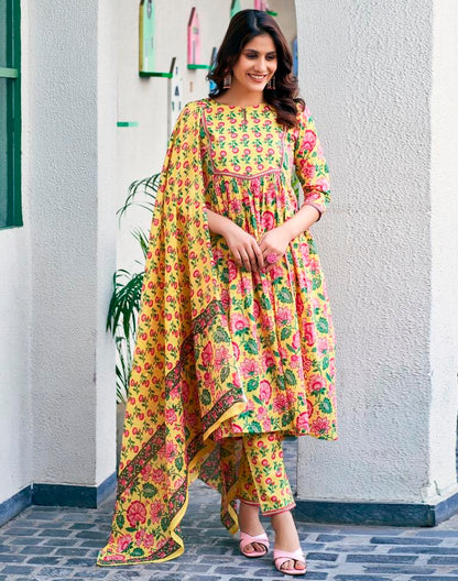 Yellow Cotton Printed A-Line Kurta Set