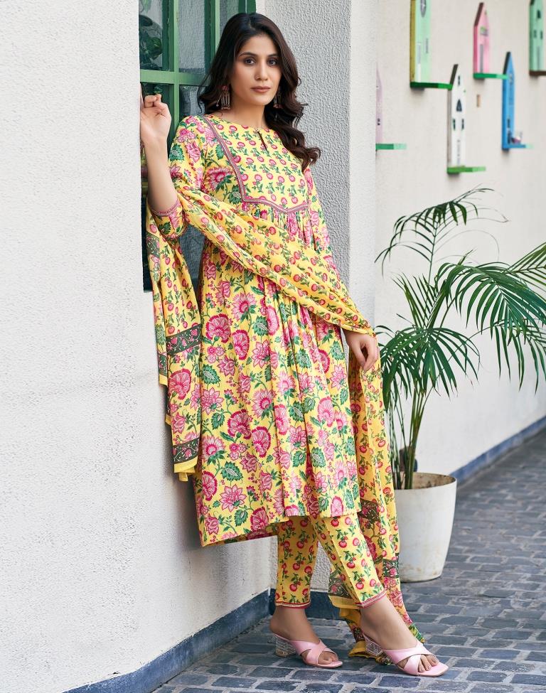 Yellow Cotton Printed A-Line Kurta Set