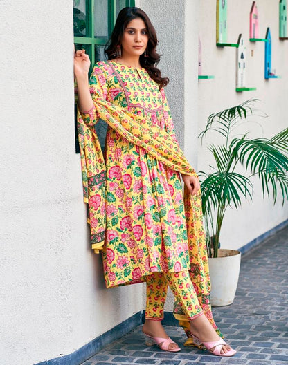 Yellow Cotton Printed A-Line Kurta Set