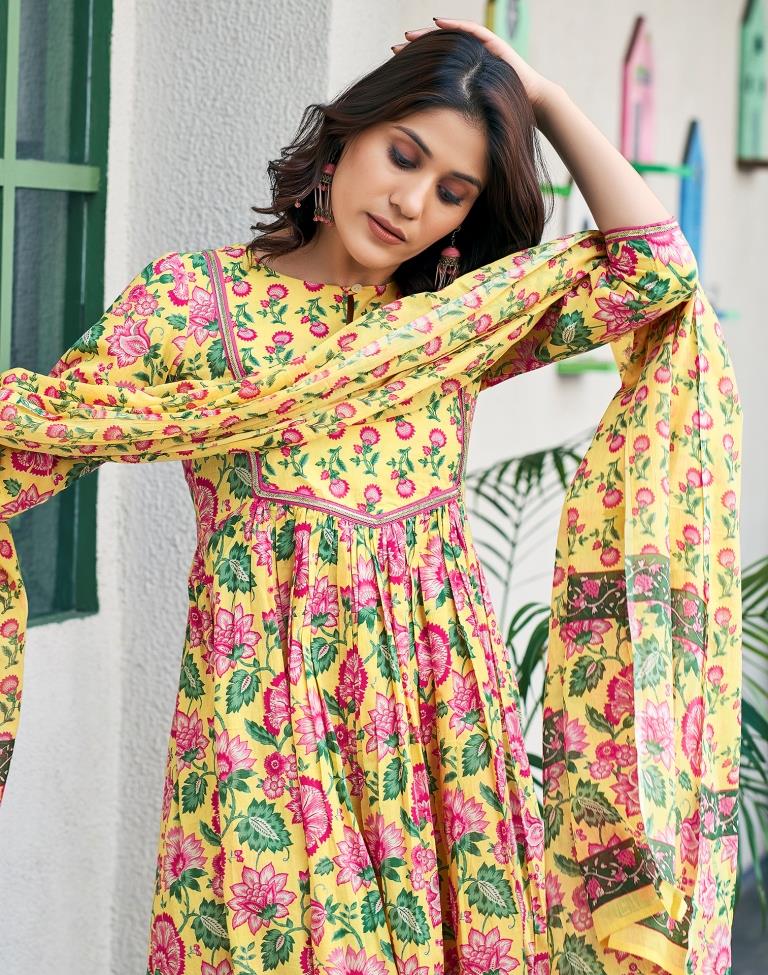 Yellow Cotton Printed A-Line Kurta Set