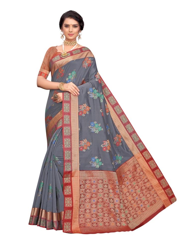 Grey Coloured Poly Silk Jacquard Partywear saree | Leemboodi