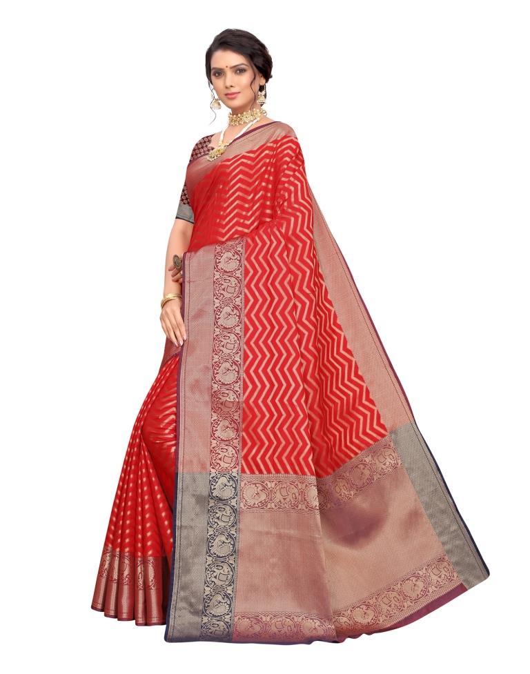 Red Coloured Poly Silk Jacquard Partywear saree | Leemboodi