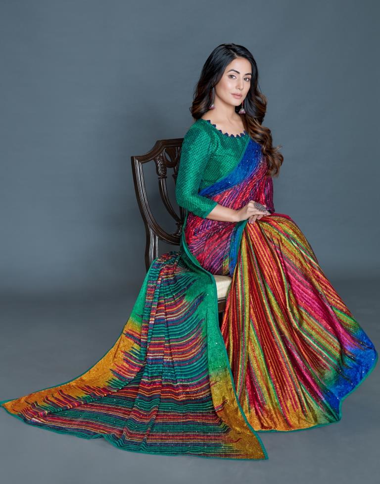 Multicolored Coloured Silk Crepe Printed, Embellished Partywear saree | Sudathi