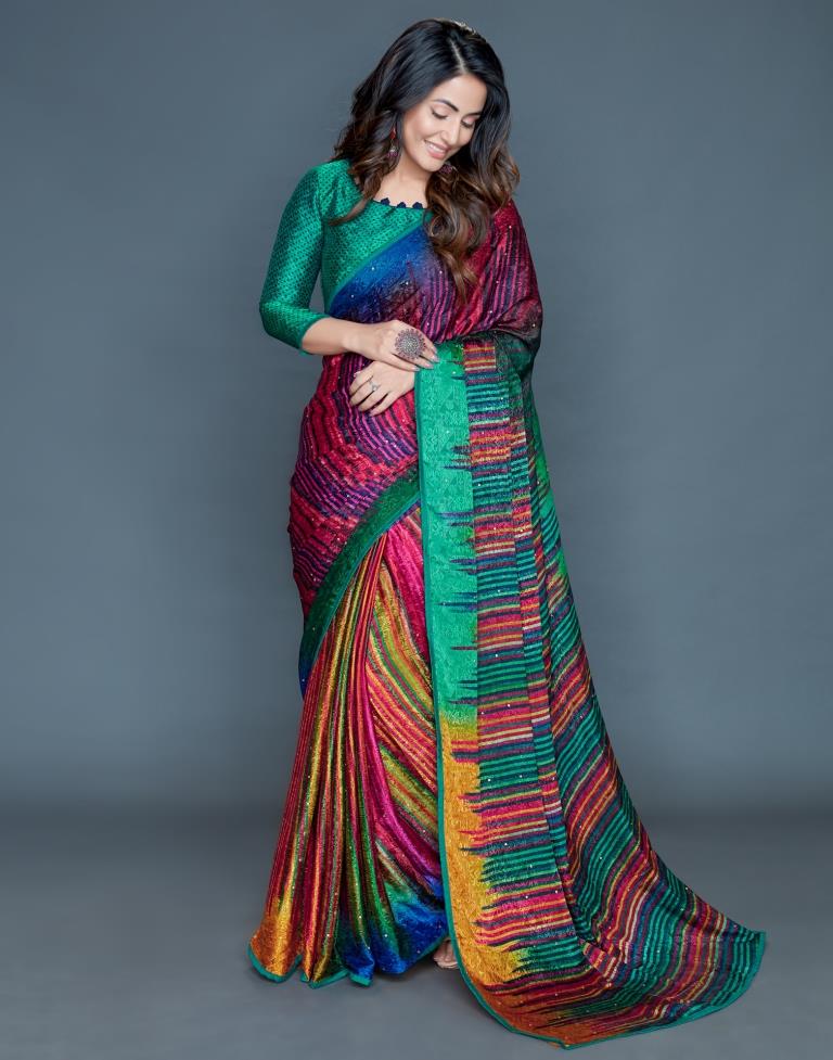 Multicolored Coloured Silk Crepe Printed, Embellished Partywear saree | Sudathi