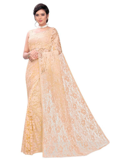 Light Orange Coloured Embellished Russel Net Saree | Leemboodi