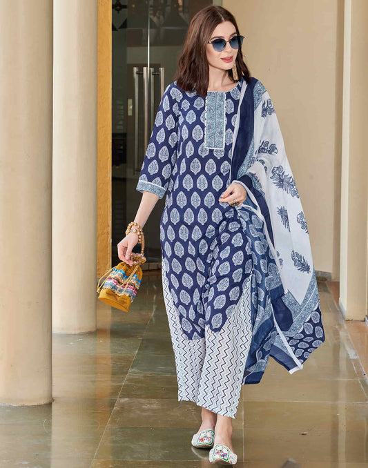 Dark Blue Printed Rayon Straight Kurta With Pant And Dupatta