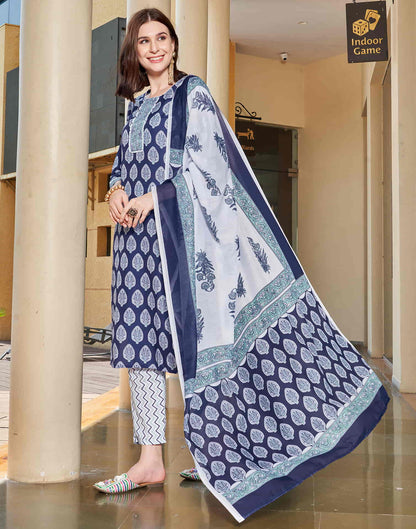 Dark Blue Printed Rayon Straight Kurta With Pant And Dupatta