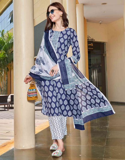 Dark Blue Printed Rayon Straight Kurta With Pant And Dupatta