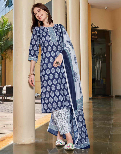 Dark Blue Printed Rayon Straight Kurta With Pant And Dupatta