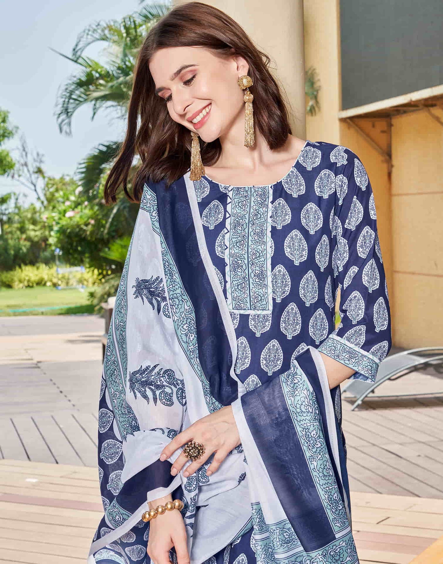 Dark Blue Printed Rayon Straight Kurta With Pant And Dupatta