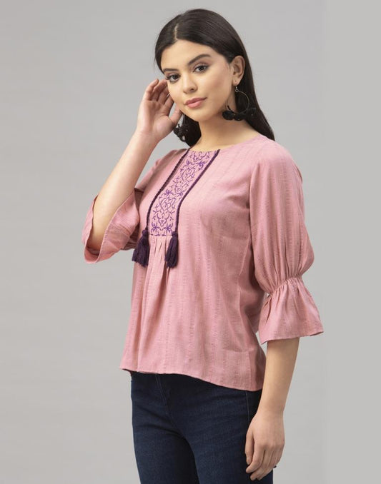 Onion Pink Coloured Marya Silk Plain Top | Leemboodi