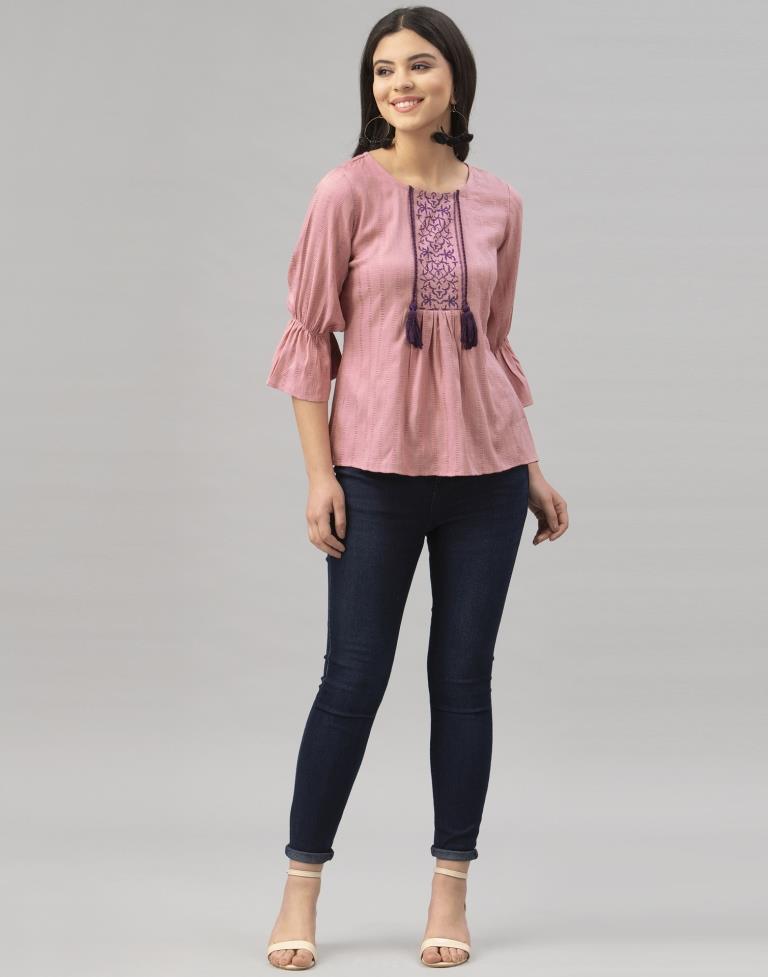 Onion Pink Coloured Marya Silk Plain Top | Leemboodi