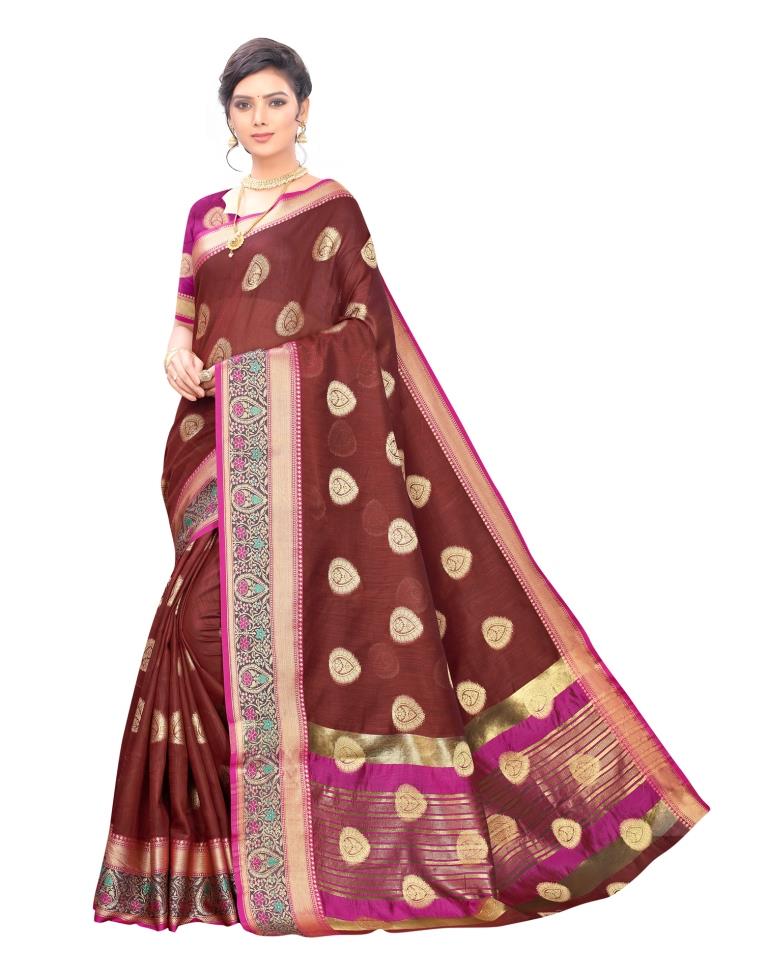 Mahogany Red Coloured Poly Cotton Jacquard Partywear saree | Leemboodi