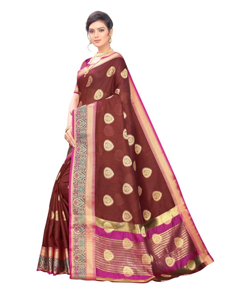 Mahogany Red Coloured Poly Cotton Jacquard Partywear saree | Leemboodi