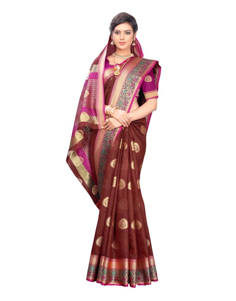 Mahogany Red Coloured Poly Cotton Jacquard Partywear saree | Leemboodi