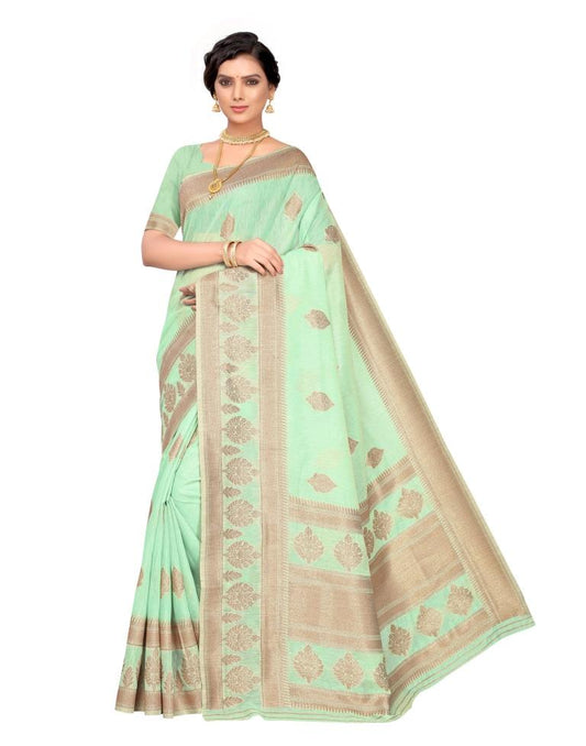 Pista Green Coloured Cotton Blend Jacquard Partywear saree | Leemboodi