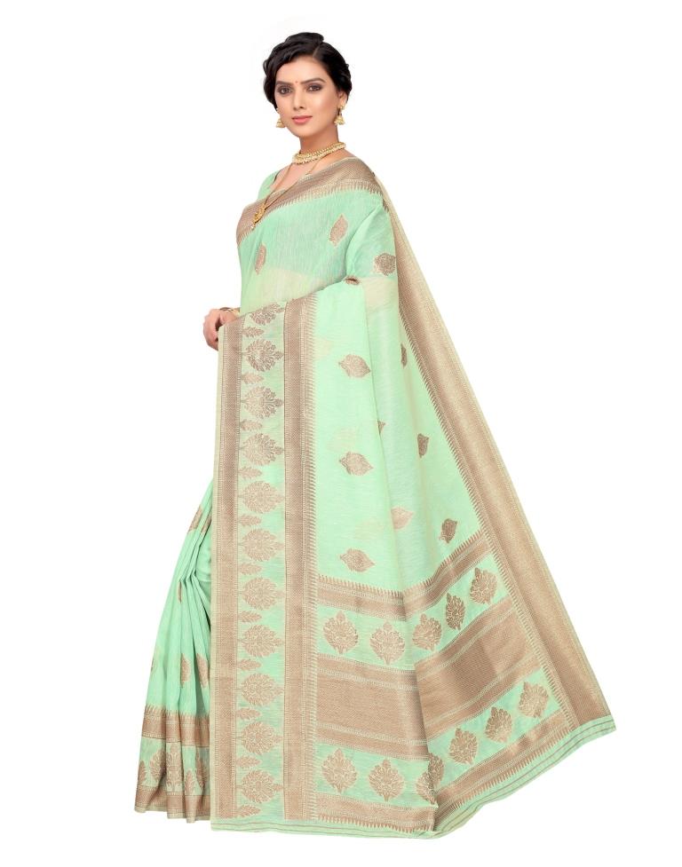 Pista Green Coloured Cotton Blend Jacquard Partywear saree | Leemboodi