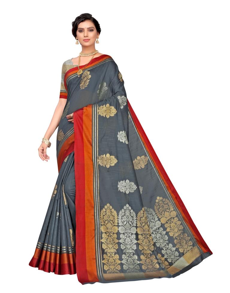 Grey Coloured Cotton Blend Jacquard Partywear saree | Leemboodi