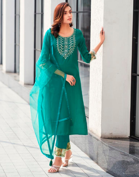 Teal Green Silk Embroidery Straight Kurta Set