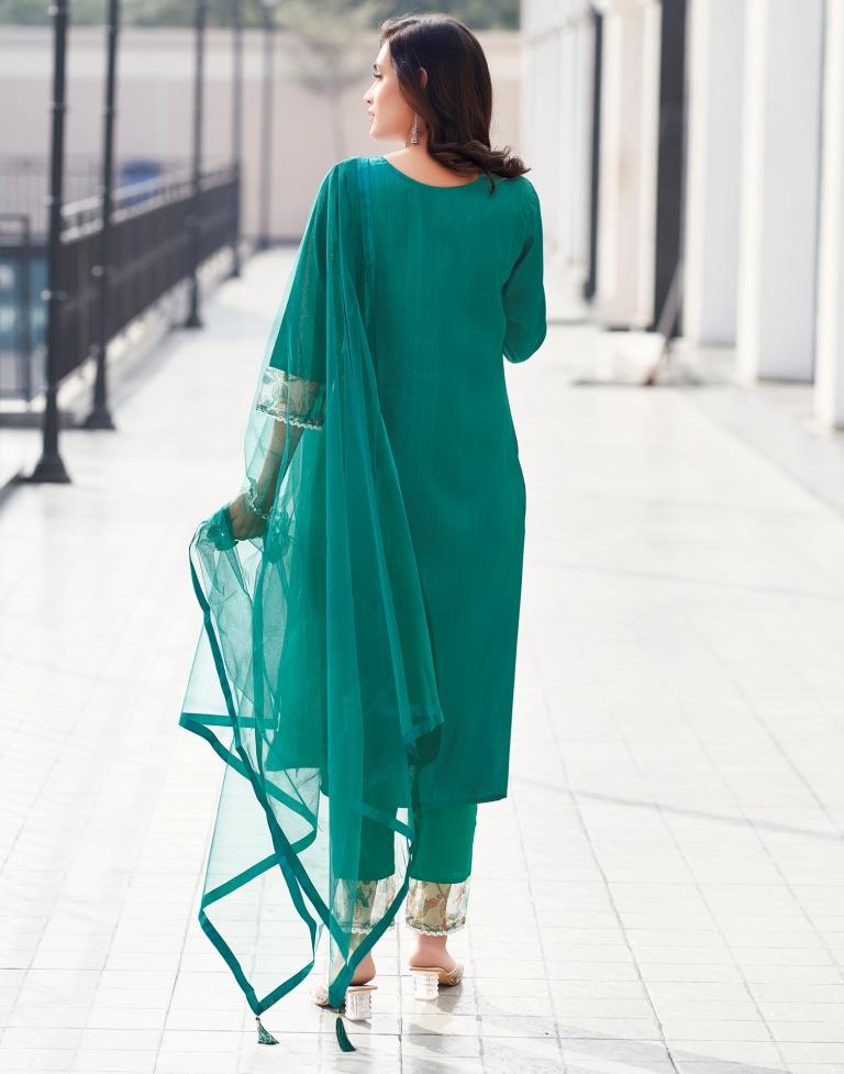 Teal Green Silk Embroidery Straight Kurta Set