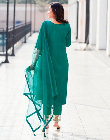 Teal Green Silk Embroidery Straight Kurta Set