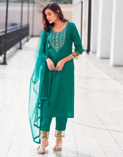 Teal Green Silk Embroidery Straight Kurta Set