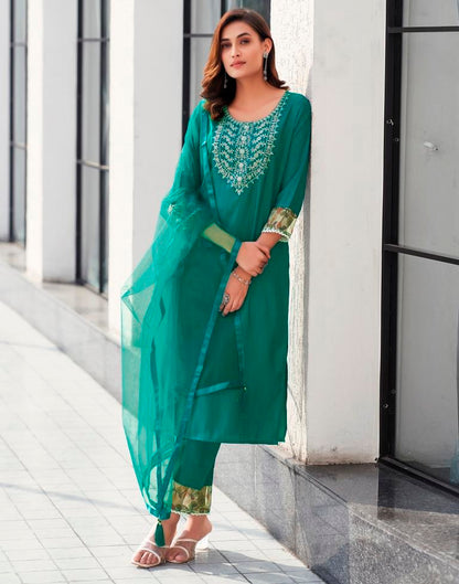 Teal Green Silk Embroidery Straight Kurta Set